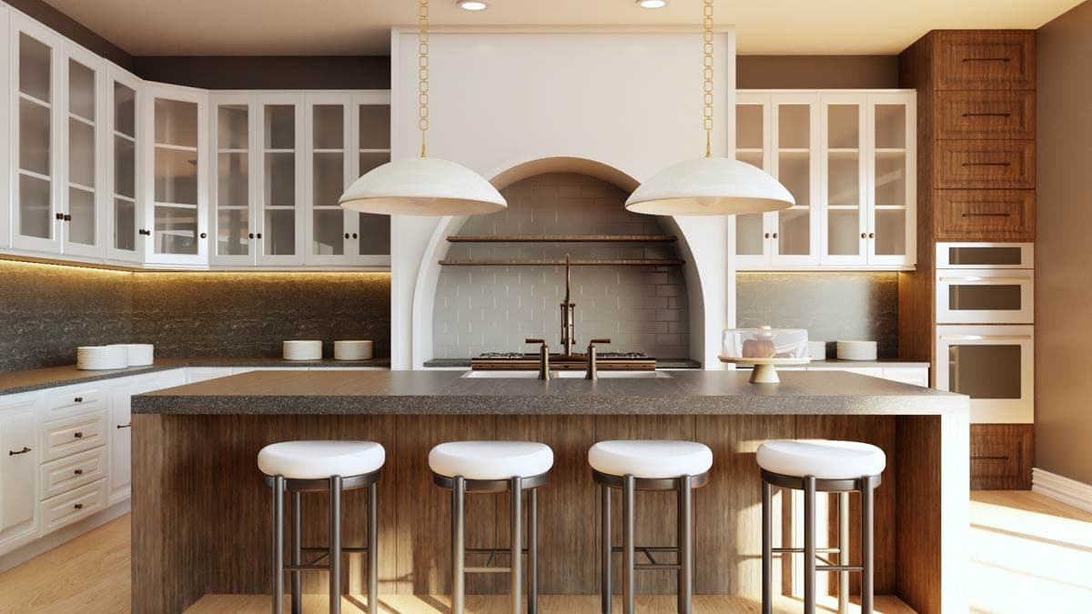 Kitchen with island, glass-front cabinets, built-in ovens, and arched backsplash with open shelving.