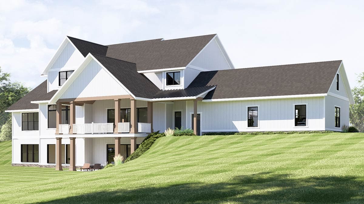 Modern farmhouse house plan exterior with two stories, gabled dormers, covered porches, and white board and batten siding.