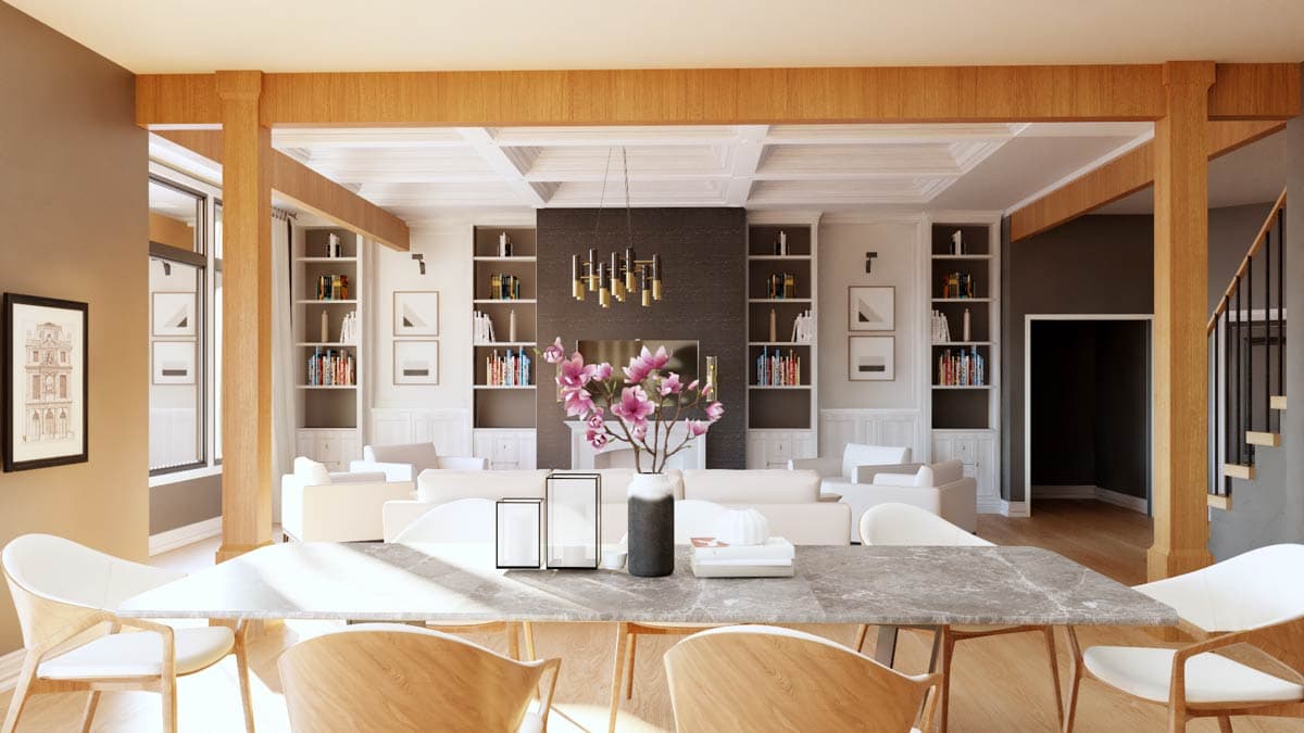 Interior rendering of a great room with coffered ceiling, built-in bookshelves, fireplace, and dining area.