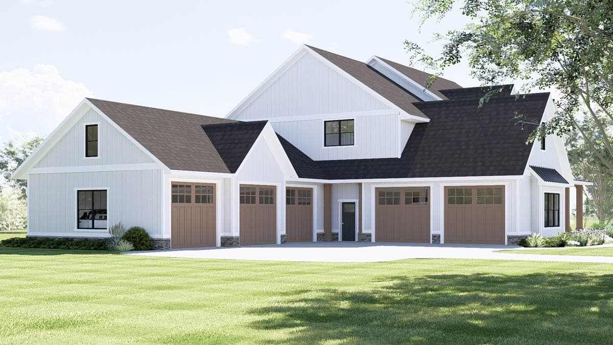 House plan exterior: Modern Farmhouse style, two stories, prominent gables, front porch, and stone foundation accent.