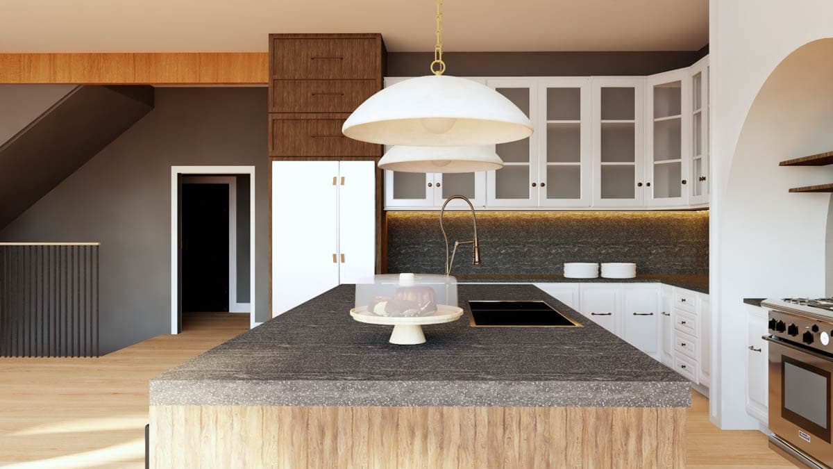 Kitchen rendering with island, white cabinets, glass-front upper cabinets, pendant lights, and arched doorway.