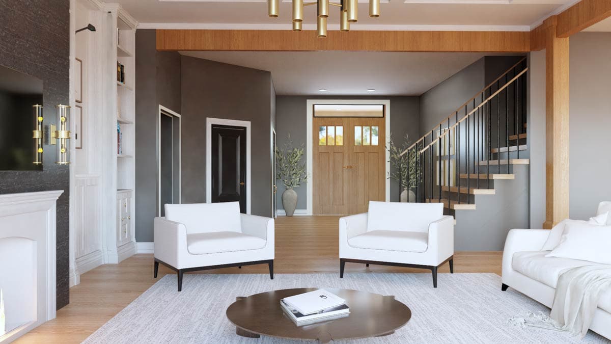 Interior rendering: Living area with fireplace, built-in shelving, open staircase, and double front doors.