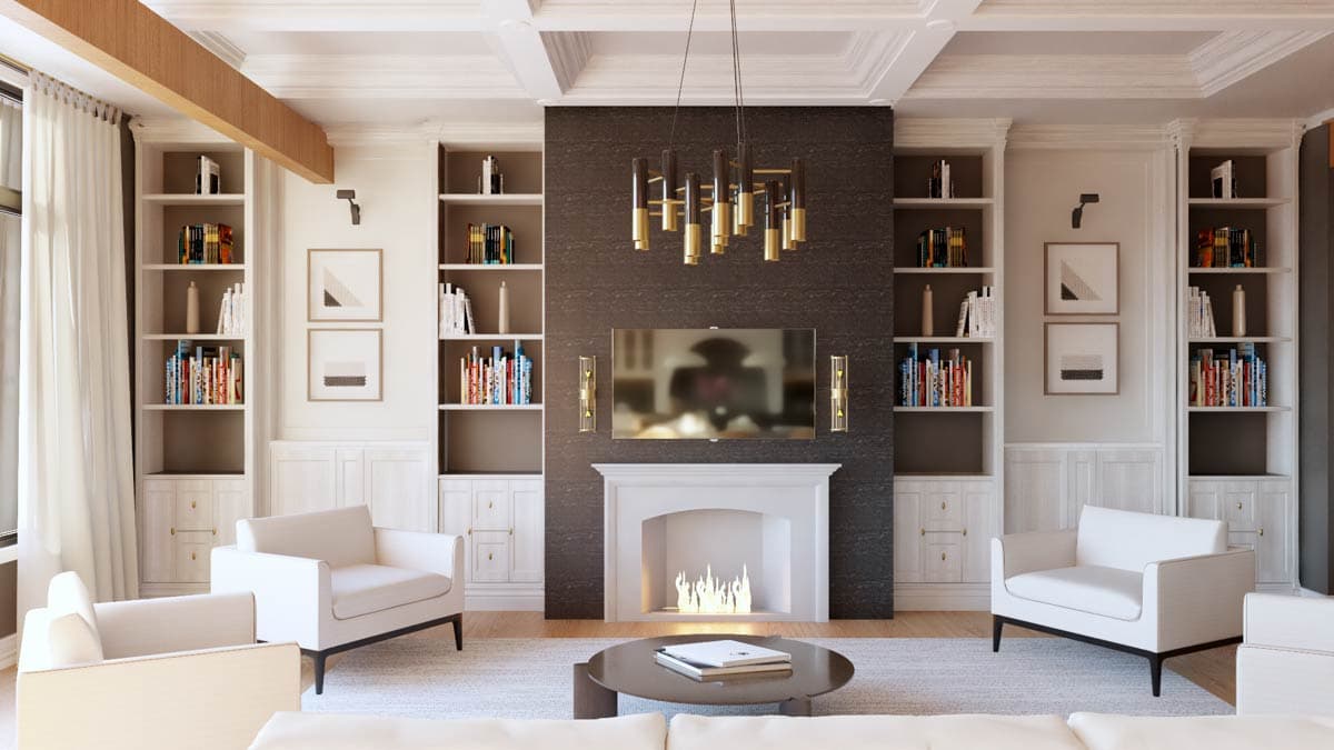 Living room with fireplace, integrated bookshelves, and modern chandelier.