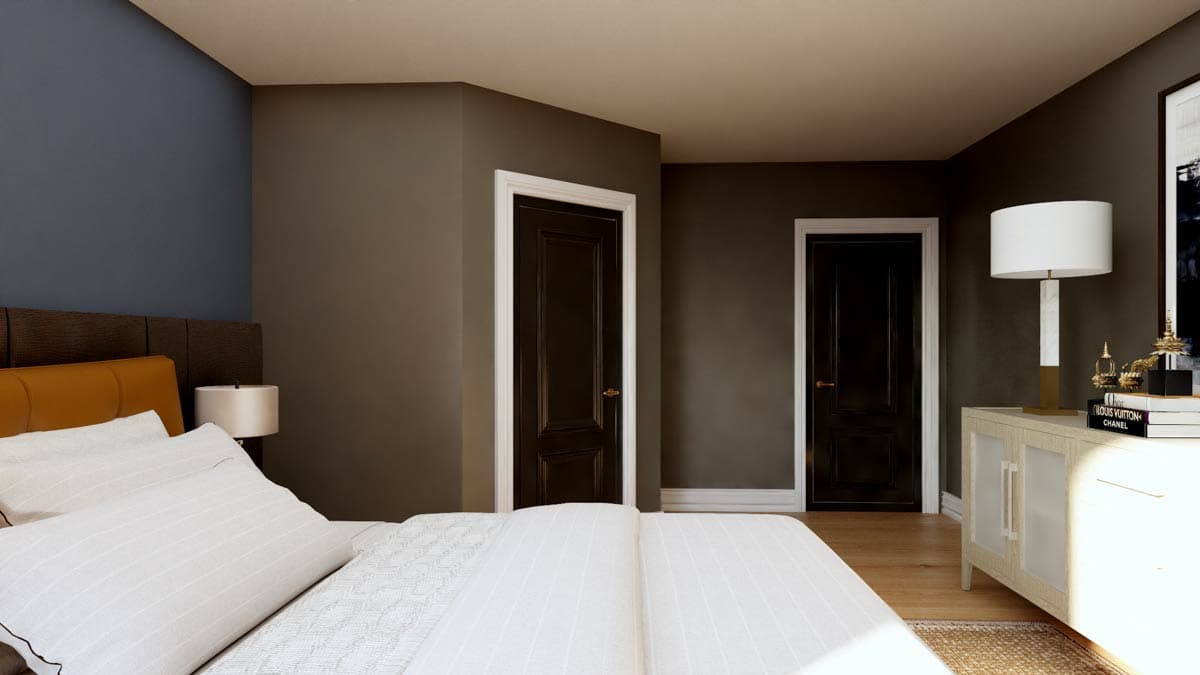 Interior rendering of a bedroom showing two dark panel doors, a headboard, and a dresser with a lamp.