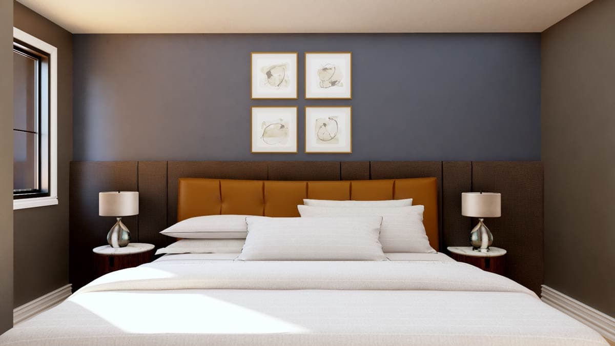 Bedroom rendering with upholstered headboard, two nightstands with lamps, and abstract art above the bed.
