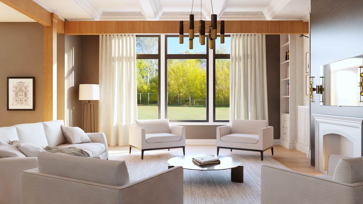Interior rendering of a living room with white sofas, armchairs, coffee table, fireplace, built-in shelves, and large windows.