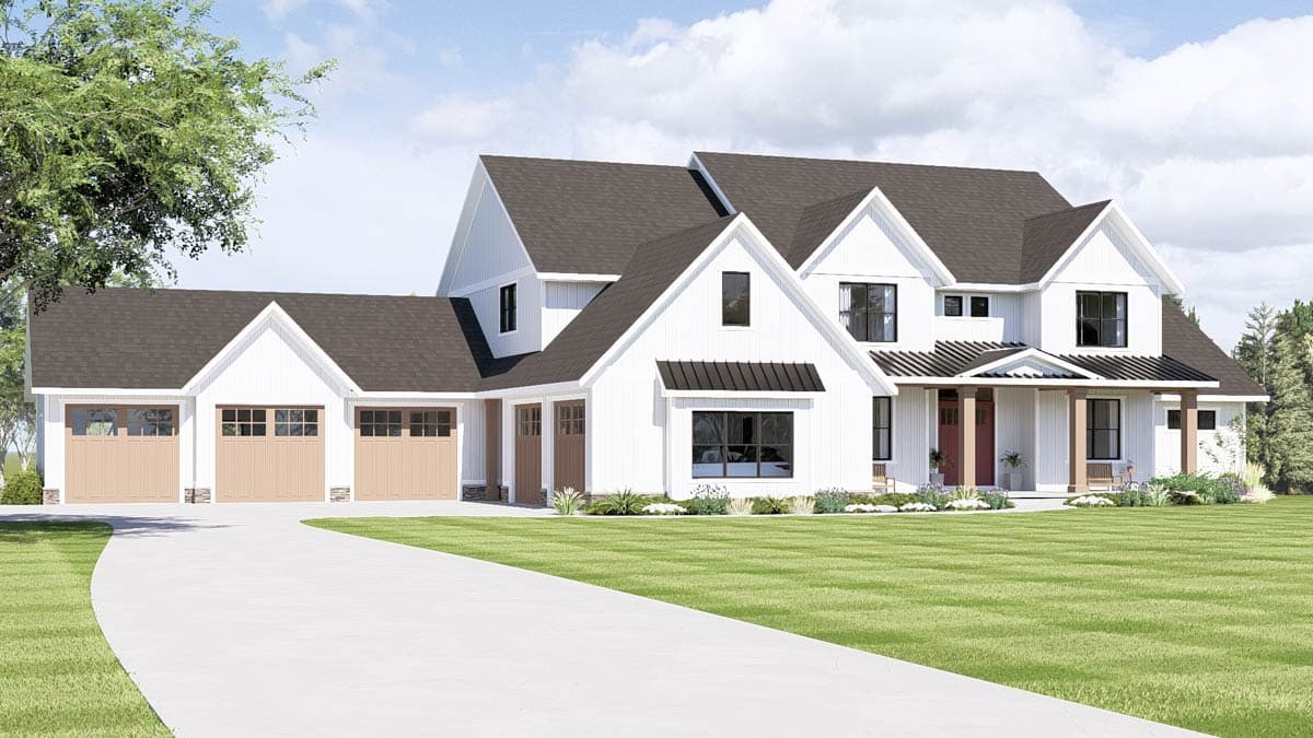 Modern Farmhouse house plan exterior with prominent gables, vertical siding, stone base, and a three-car garage.