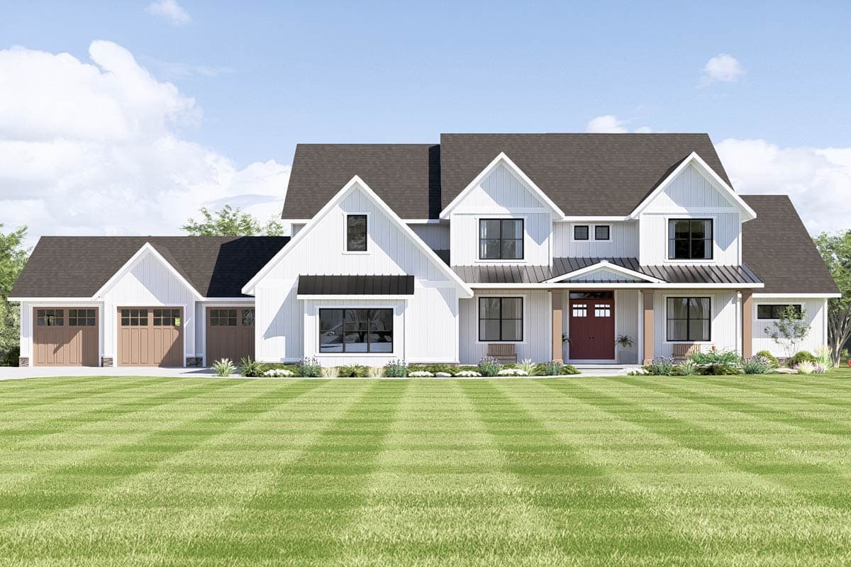 House plan exterior: Modern Farmhouse style, multiple gables, covered balconies, and large windows on a sloped lot.