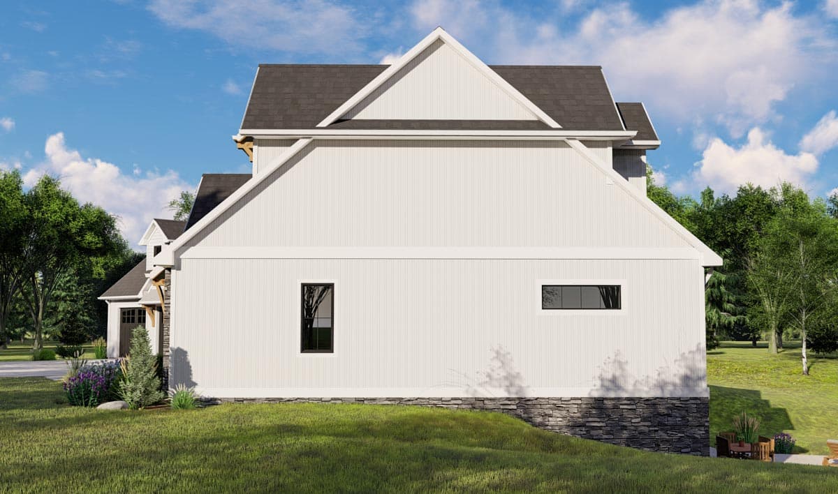 House plan exterior with board and batten siding, stone foundation, prominent gable, and dark-trimmed windows.