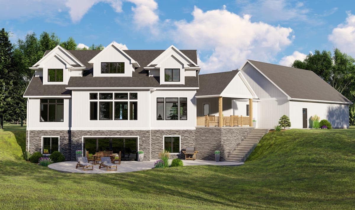 House plan exterior with gables, dormers, stone foundation, and covered porch.