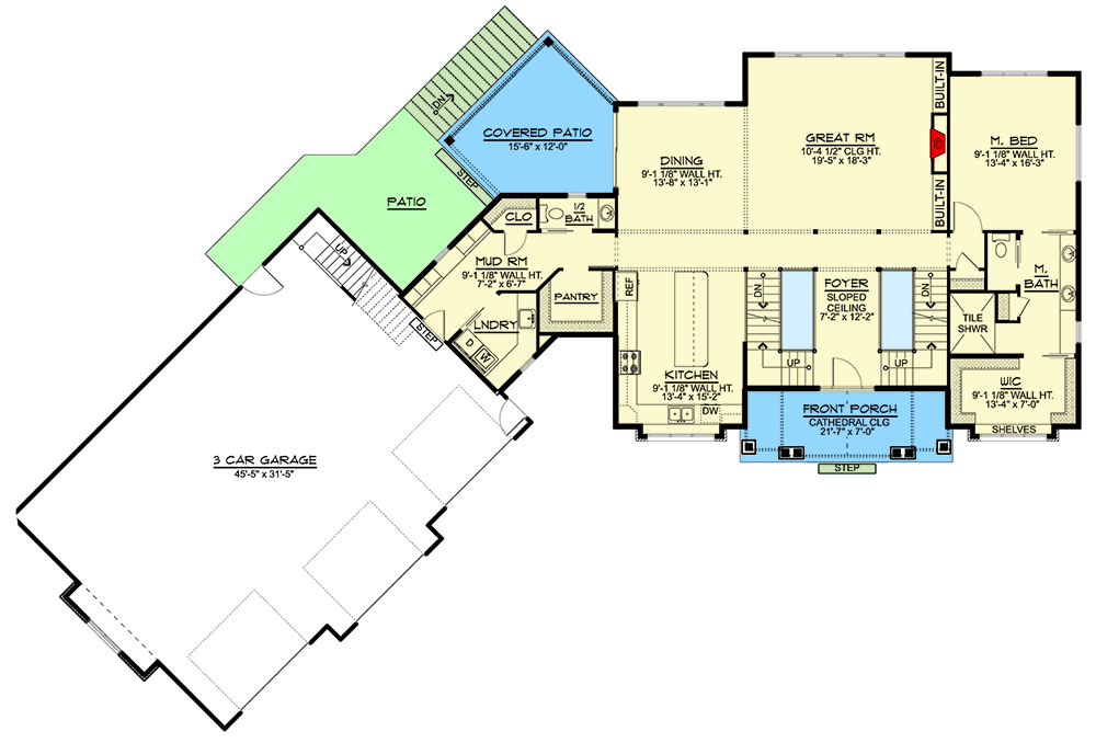 Plan 135037GRA: New American Country House Plan with Angled Garage and Massive Bonus Room - Floor Plan - Main Level - Country, Craftsman, Mountain, New American