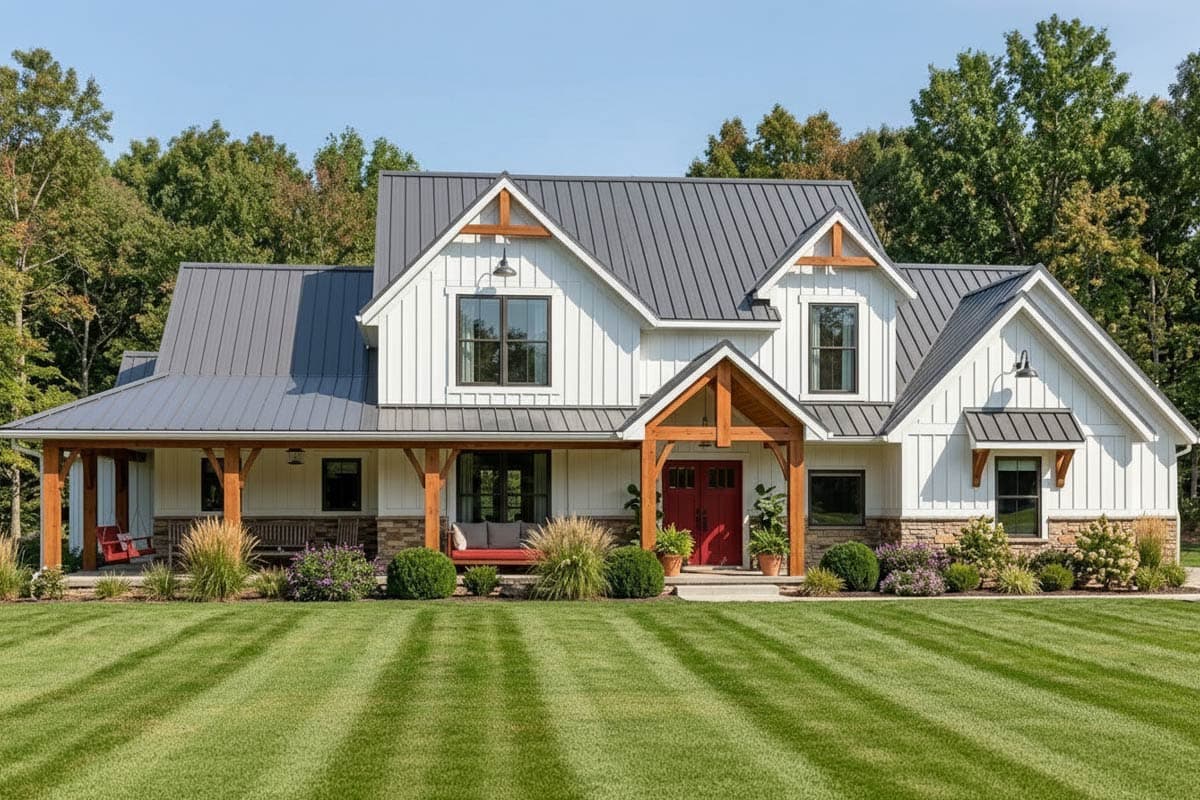 House plan exterior. Two-story Modern Farmhouse with a covered porch, gables, and multiple dormers. Features include a side-entry garage.