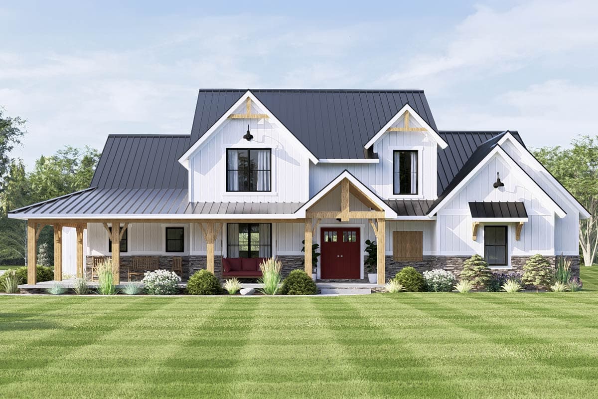 Modern Farmhouse house plan exterior with gabled rooflines, vertical siding, stone foundation, and covered porch.