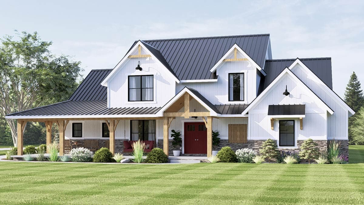 Modern Farmhouse house plan exterior with gabled dormer, exposed beams, and covered patio with outdoor kitchen.