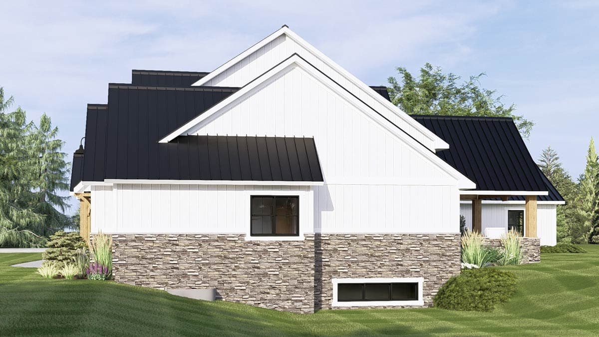 Modern Farmhouse house plan exterior with a three-car garage, prominent gables, and a wraparound porch.