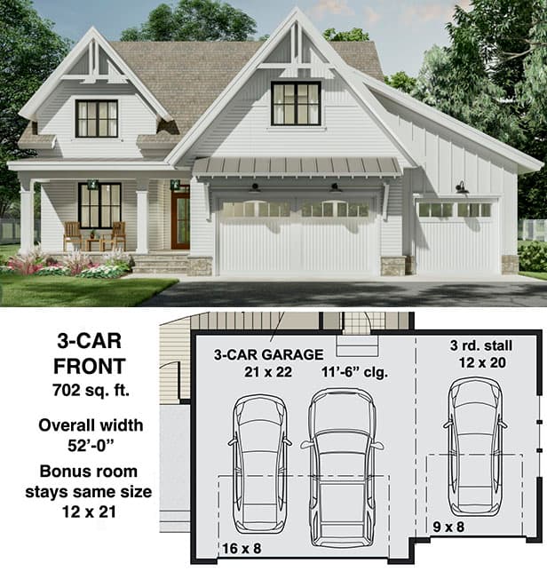 Plan 14700RK: Narrow Modern Farmhouse Plan with Home Office and Laundry On Both Floors - Floor Plan - 3-Car Front Garage Option - Country, Craftsman, Modern Farmhouse, New American