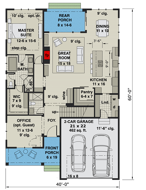 Plan 14700RK: Narrow Modern Farmhouse Plan with Home Office and Laundry On Both Floors - Floor Plan - Main Level - Country, Craftsman, Modern Farmhouse, New American