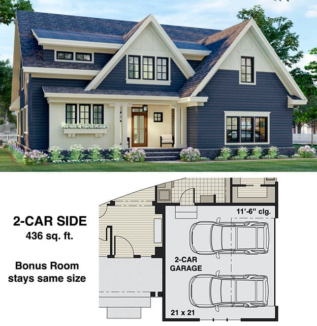 Plan 14701RK: 3-Bed New American House Plan with Home Office and Upstairs Loft Plus Bonus Expansion - Floor Plan - 2-Car Side Garage Option - Craftsman, New American