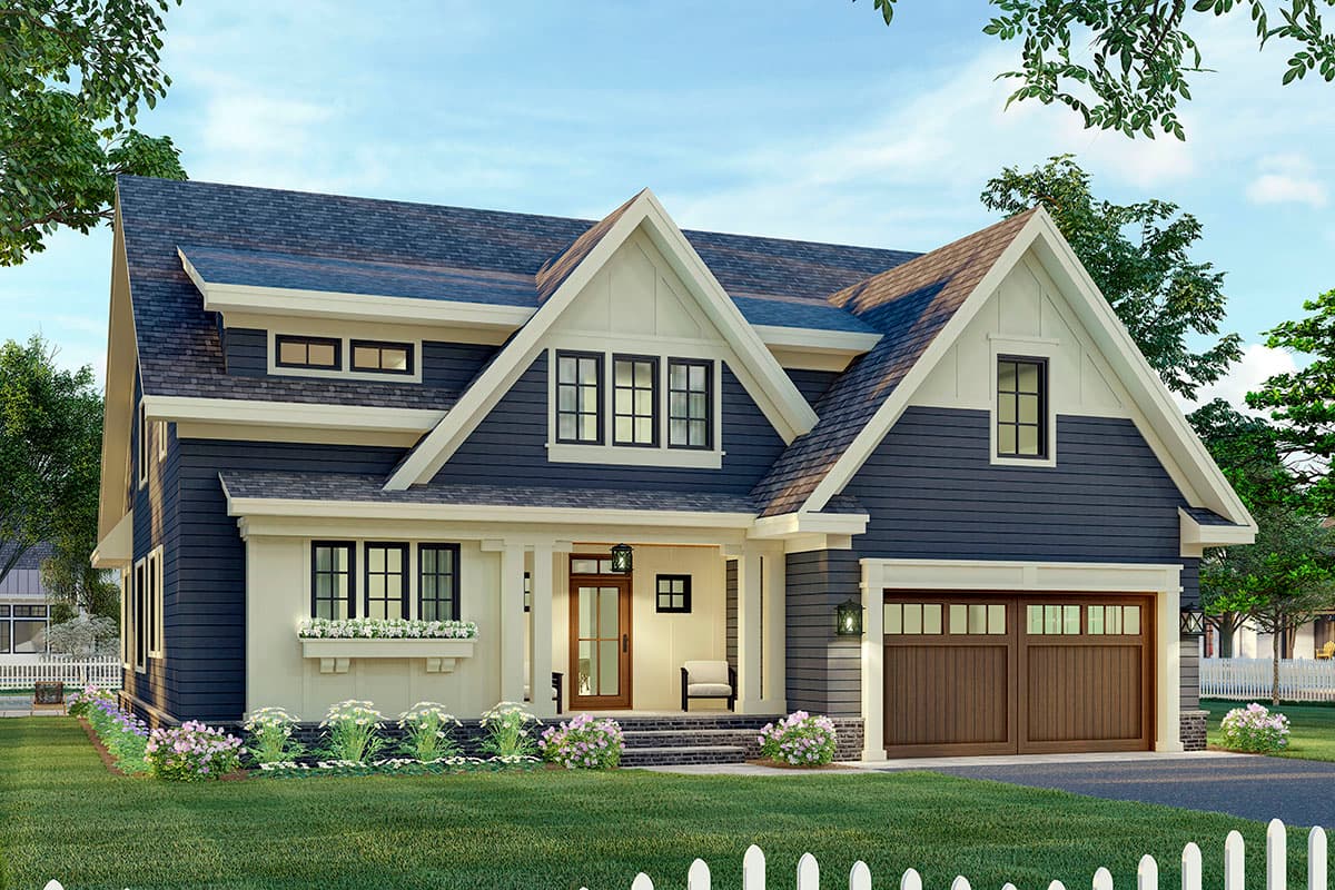 Two-story house plan exterior with gables, dormers, covered entry porch, and attached two-car garage.