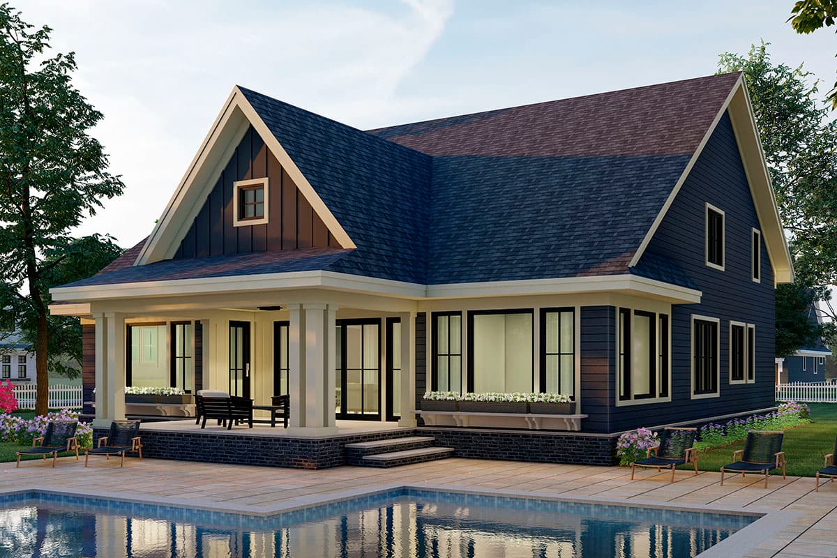 Modern Farmhouse house plan exterior, two stories, gabled roof, prominent front porch with columns, and dark blue siding.