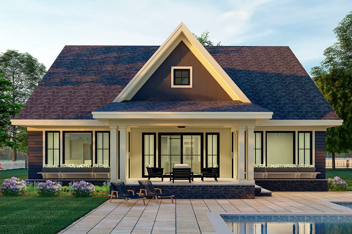 House plan exterior of a one-story home with a prominent gable, covered porch with columns, and multiple windows with flower boxes.