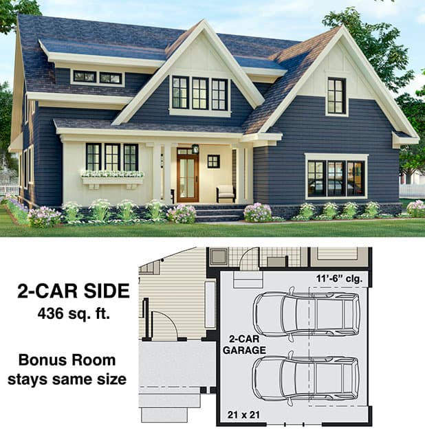 Plan 14702RK: 4-Bed New American Home Plan with a Home Office and Two Laundry Rooms - Floor Plan - 2-Car Side Garage Option - Craftsman, New American