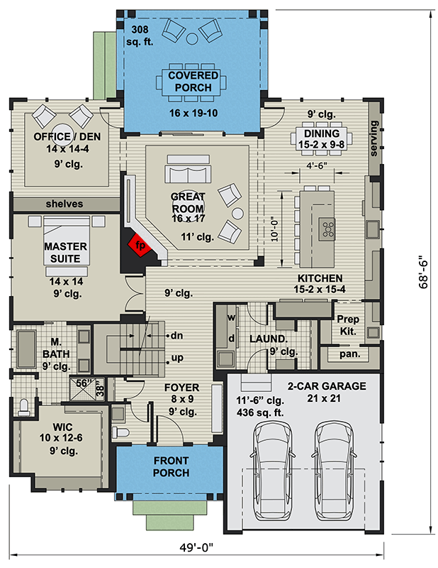 Plan 14702RK: 4-Bed New American Home Plan with a Home Office and Two Laundry Rooms - Floor Plan - Main Level - Craftsman, New American
