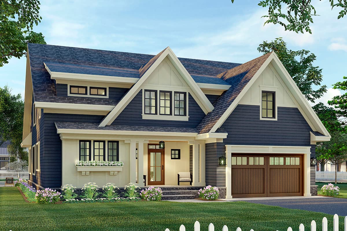 House plan exterior featuring a two-story Craftsman style home with a gabled roofline, dormers, and a front-facing garage.