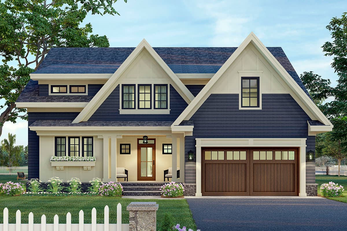 Modern Farmhouse house plan exterior with a covered porch, gables, dormers, and a two-car garage.