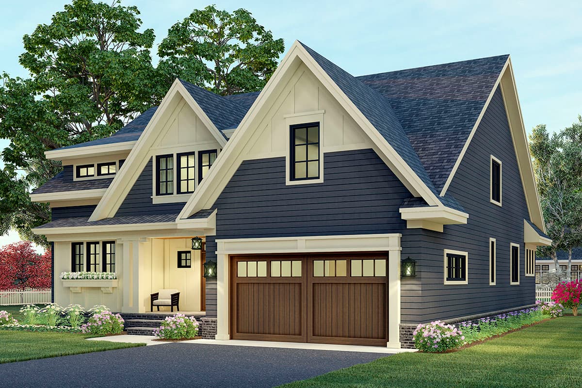 House plan exterior: Modern Farmhouse style, two stories, with gabled dormers, covered porch, and a two-car garage.