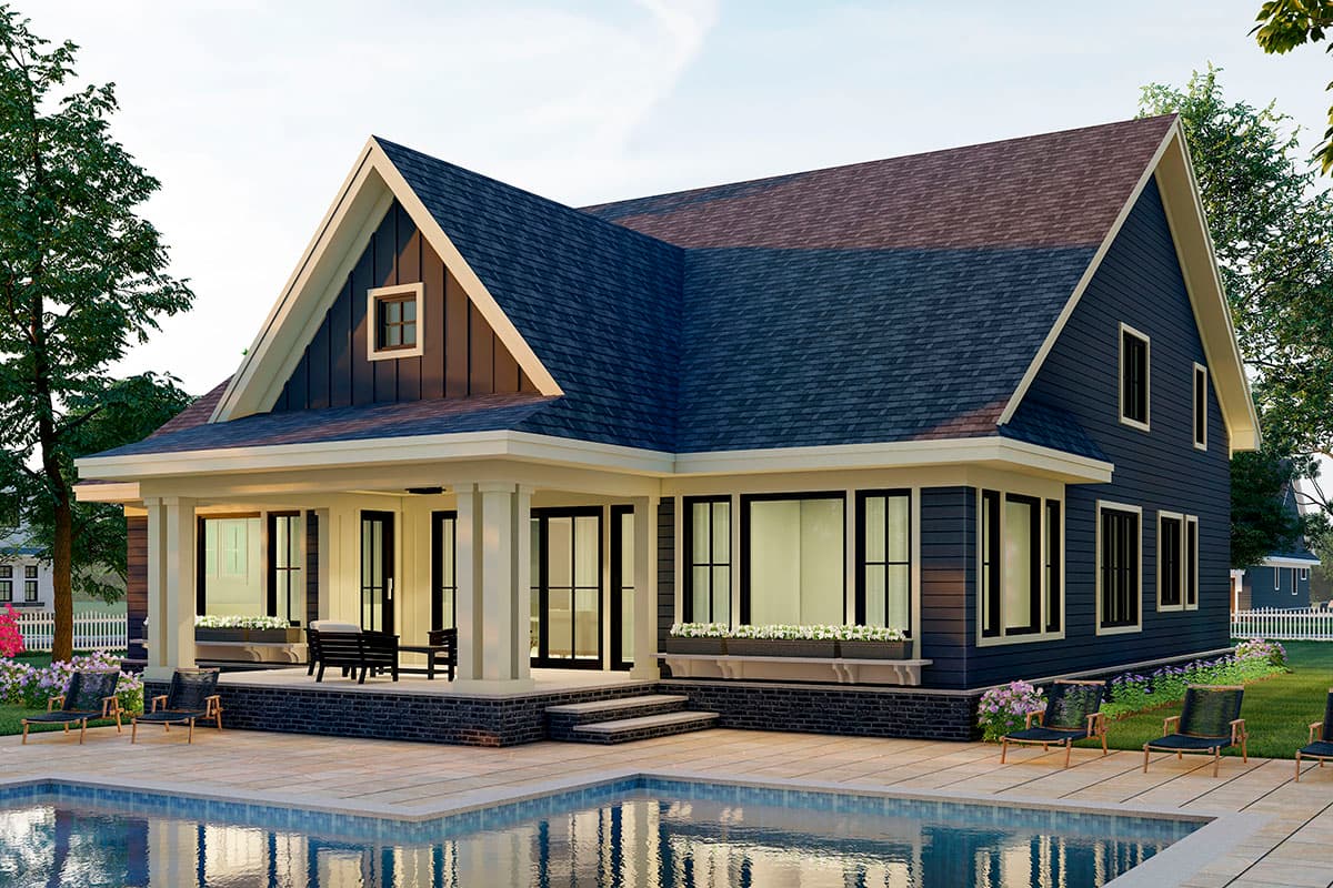 Craftsman style house plan exterior, one story, large gabled dormer, wrap-around porch, and multiple window configurations.