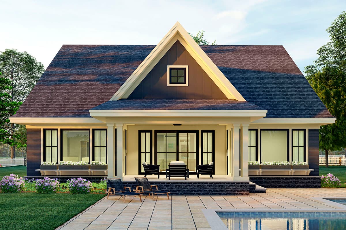 House plan exterior: single-story Modern Farmhouse with covered front porch, gables, and extensive window banks.