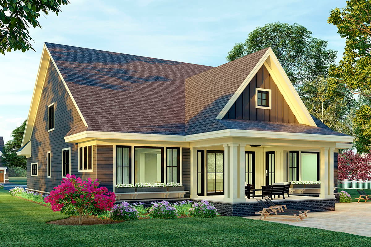 House plan exterior: Modern Farmhouse style, one story, with a prominent gabled dormer, wide covered porch, and horizontal siding.