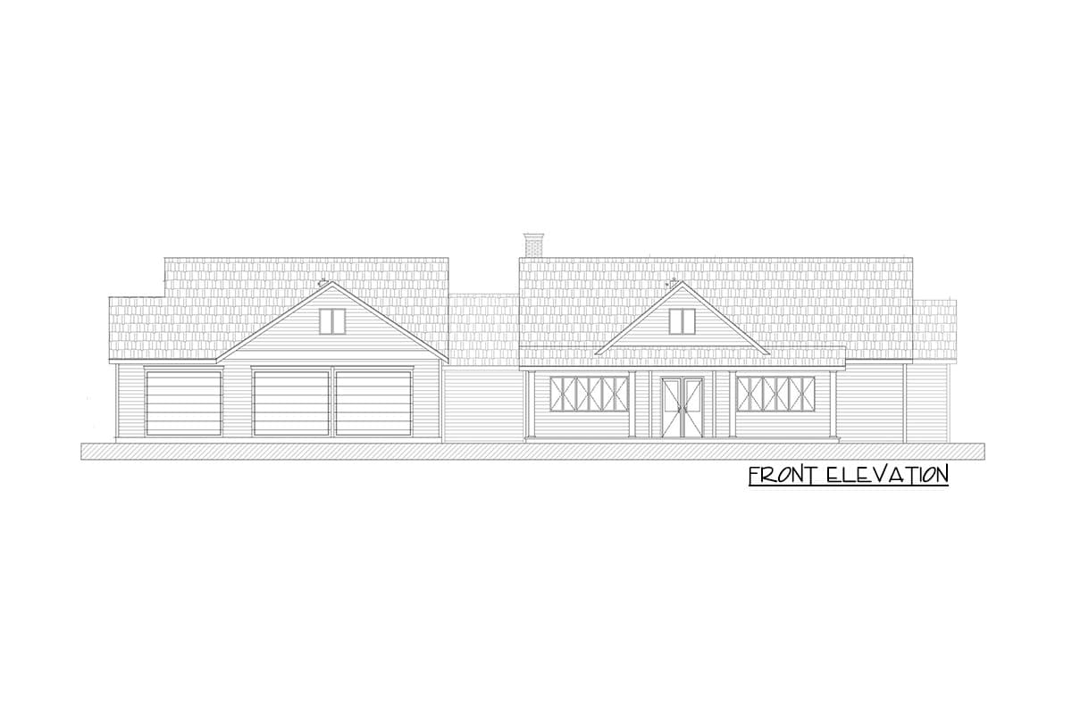 Front elevation of a house plan featuring a three-car garage, gabled rooflines, and a covered front entry.