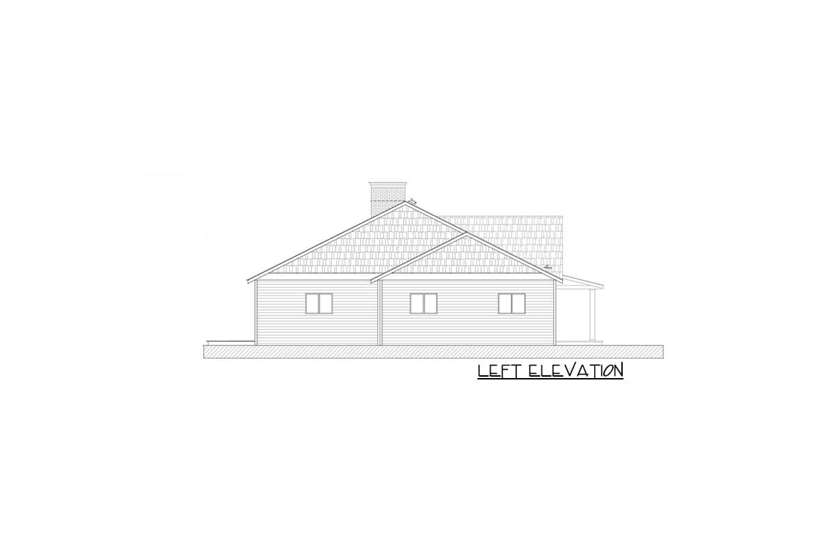 Left elevation drawing of a one-story house plan with a gable roof, dormer, chimney, and porch.