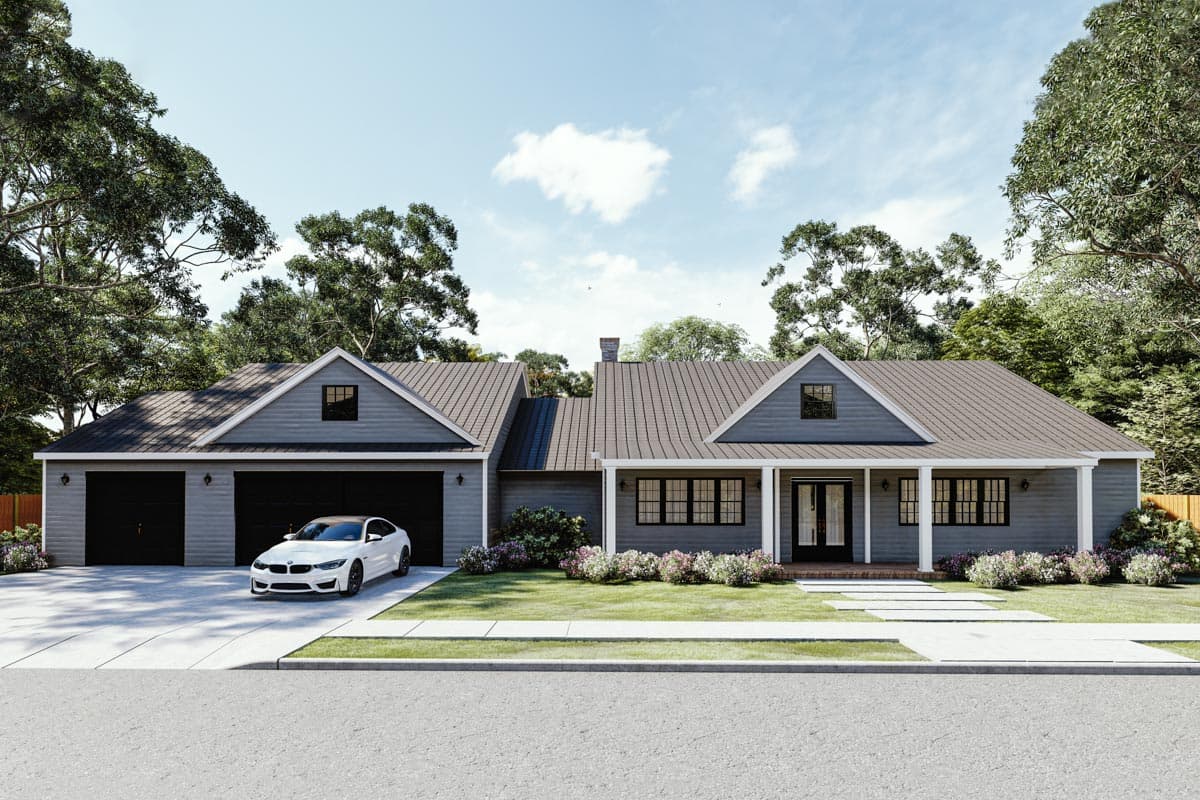 House plan exterior. Modern farmhouse style with gabled roof, dormers, and front porch. Two-car garage with attached entry.