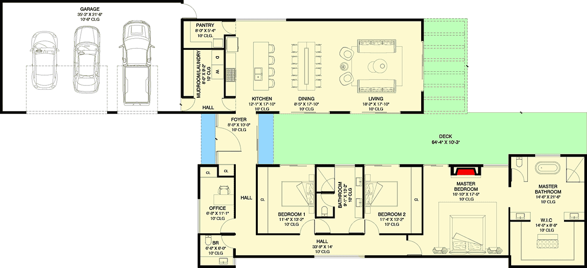 Plan 311017RMZ: 3-Bed Modern Ranch Home Plan with Central Shared Deck - 2320 Sq Ft - Floor Plan - Main Level - Contemporary, Mid Century Modern, Modern, Mountain