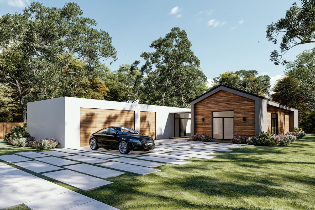House plan exterior. Modern style with a single story. Features include a gabled roof, wood siding, and an attached two-car garage.