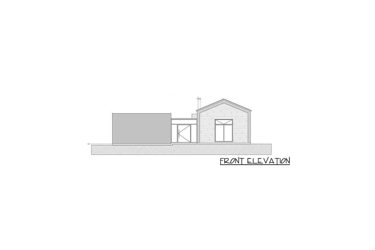Front elevation drawing of a single-story house with a gable roof, horizontal siding, and two window sections.