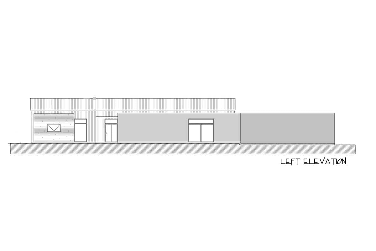Left elevation drawing of a single-story house plan featuring multiple rooflines, horizontal siding, and various window and door openings.