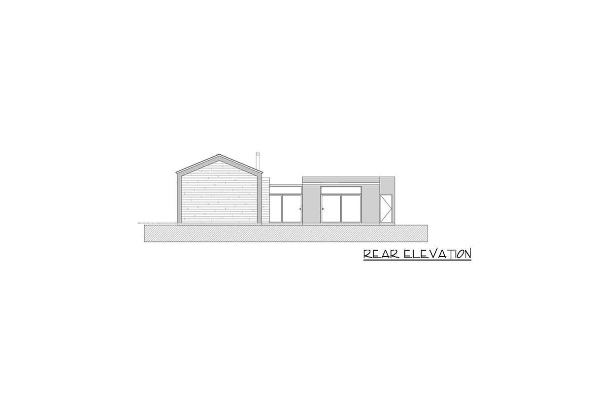 Rear elevation drawing of a house with a gabled section and a flat-roofed section featuring multiple glass doors.
