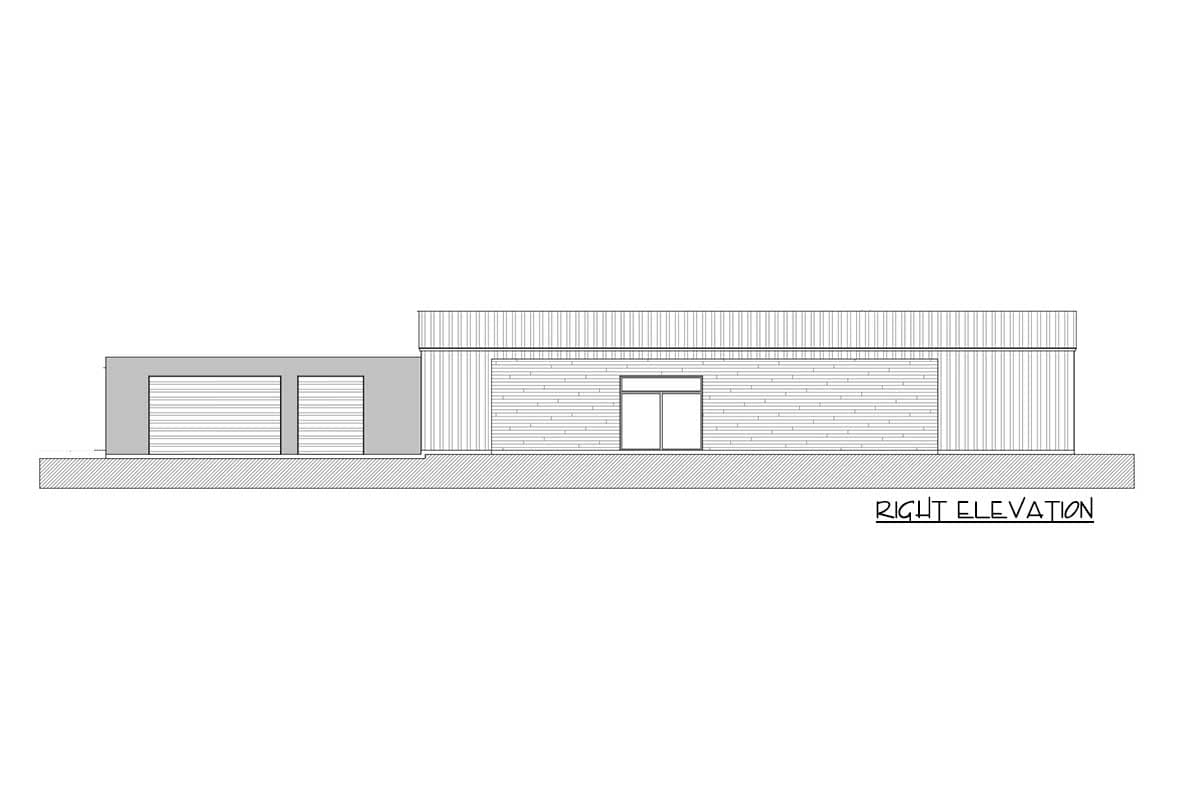 Right elevation drawing of a house with two garage doors and horizontal siding, featuring a flat roofline.