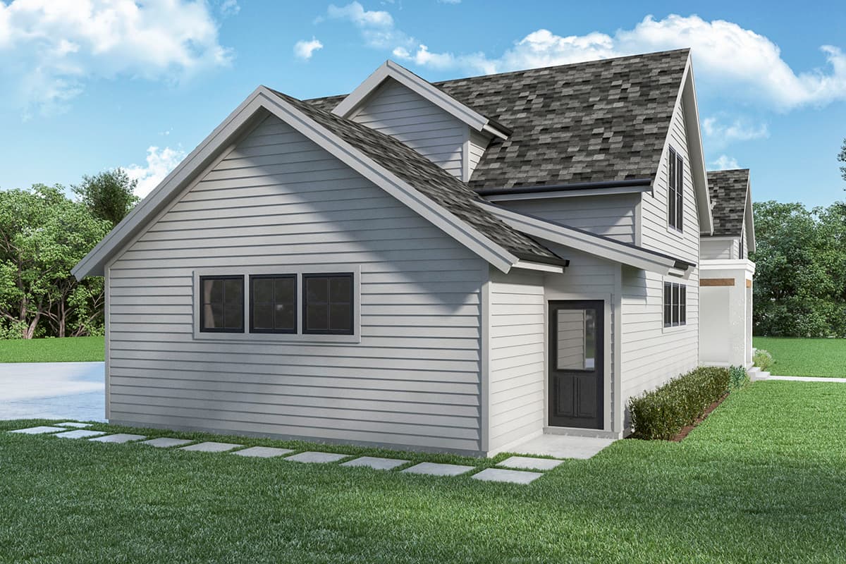 House plan exterior with gabled rooflines, horizontal siding, and multiple dormers. Features a prominent gable and a dark-paneled door.