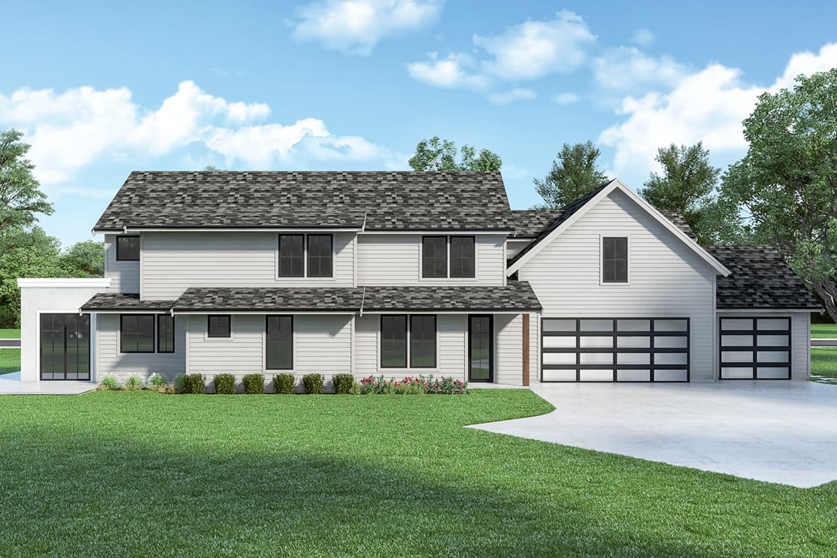 House plan exterior of a two-story Modern Farmhouse with white siding, a prominent gable, and a three-car garage with glass panel doors.