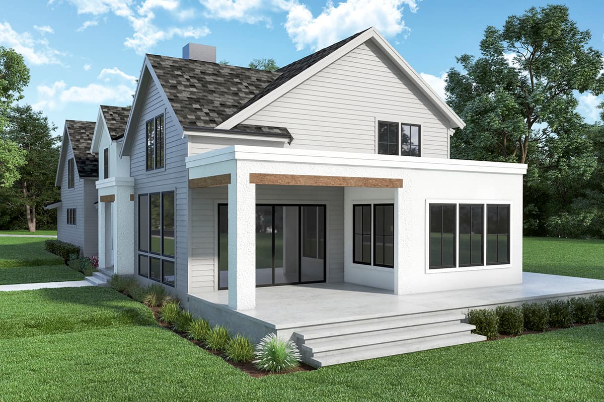 Modern Farmhouse house plan exterior with multiple gables, covered porch with wood beams, and large windows.