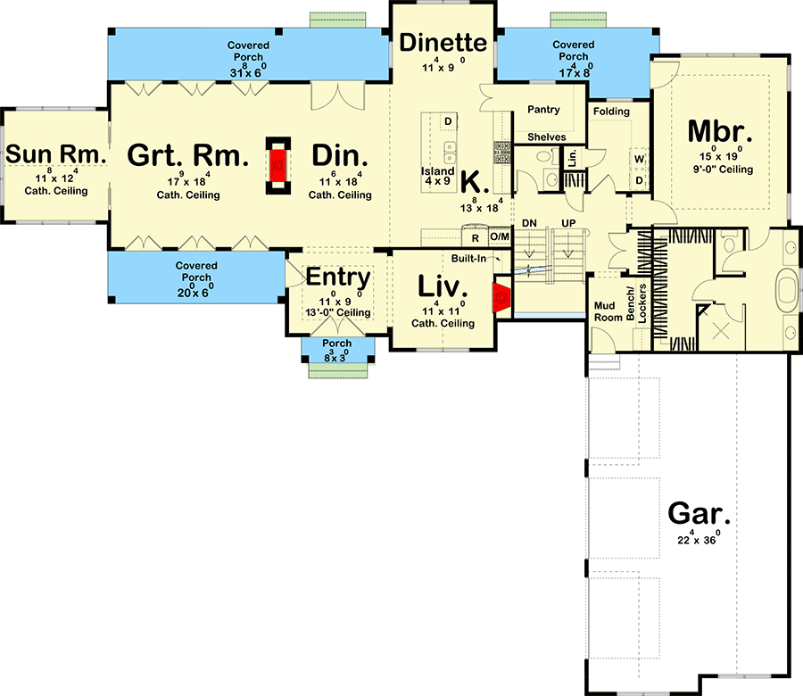 Plan 62329DJ: Magnificent Modern Farmhouse Plan with Sunroom and 2-Story Great Room - Floor Plan - Main Level - Country, Farmhouse, Modern Farmhouse, New American