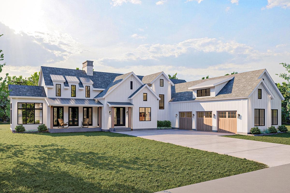 House plan exterior. Modern farmhouse style with gabled roof, dormers, and a covered porch. Features a three-car garage and board-and-batten siding.