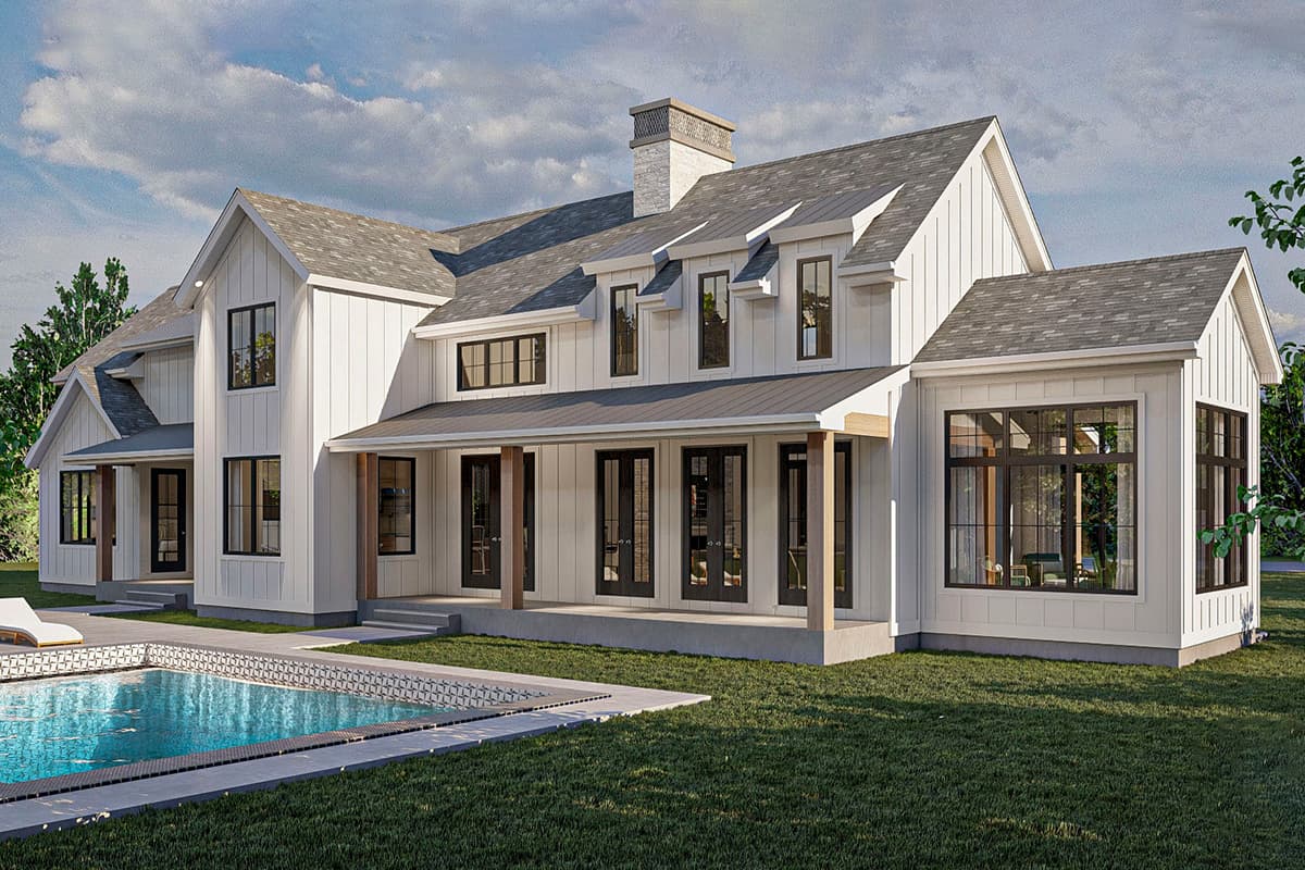 Modern Farmhouse house plan exterior with board and batten siding, covered porch, gables, and dormers.