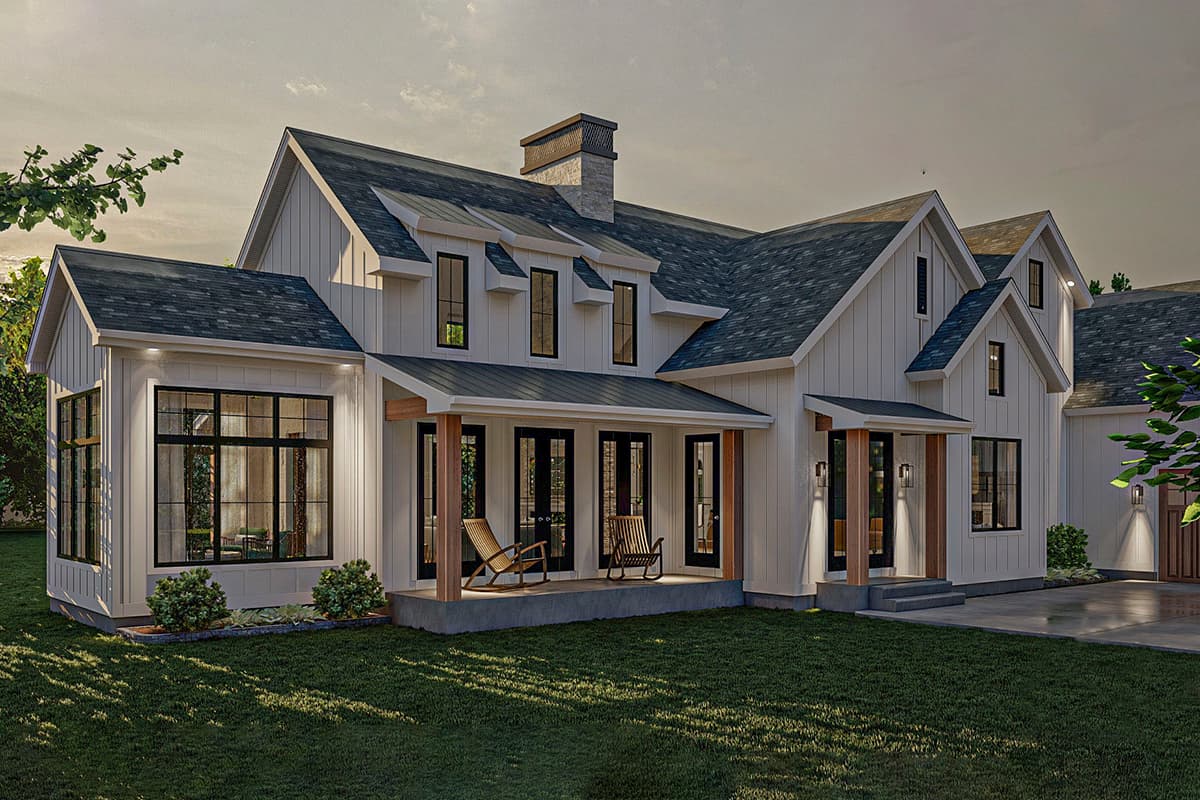 Modern Farmhouse house plan exterior with multiple gables, a covered porch, board and batten siding, and large black-framed windows.