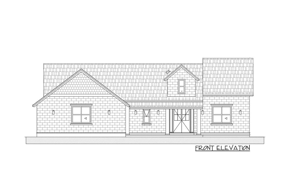 Front elevation drawing of a two-story house plan featuring gabled rooflines, dormer, and covered porch.
